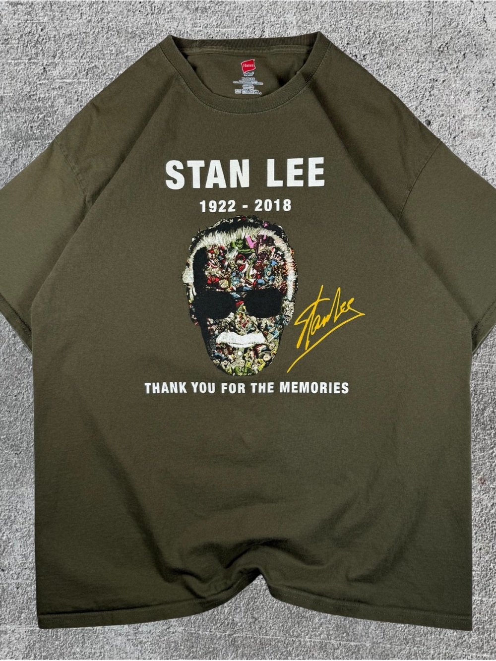 Men’s Stan Lee Thank You For The Memories Olive Short Sleeve T-shirt Size XL